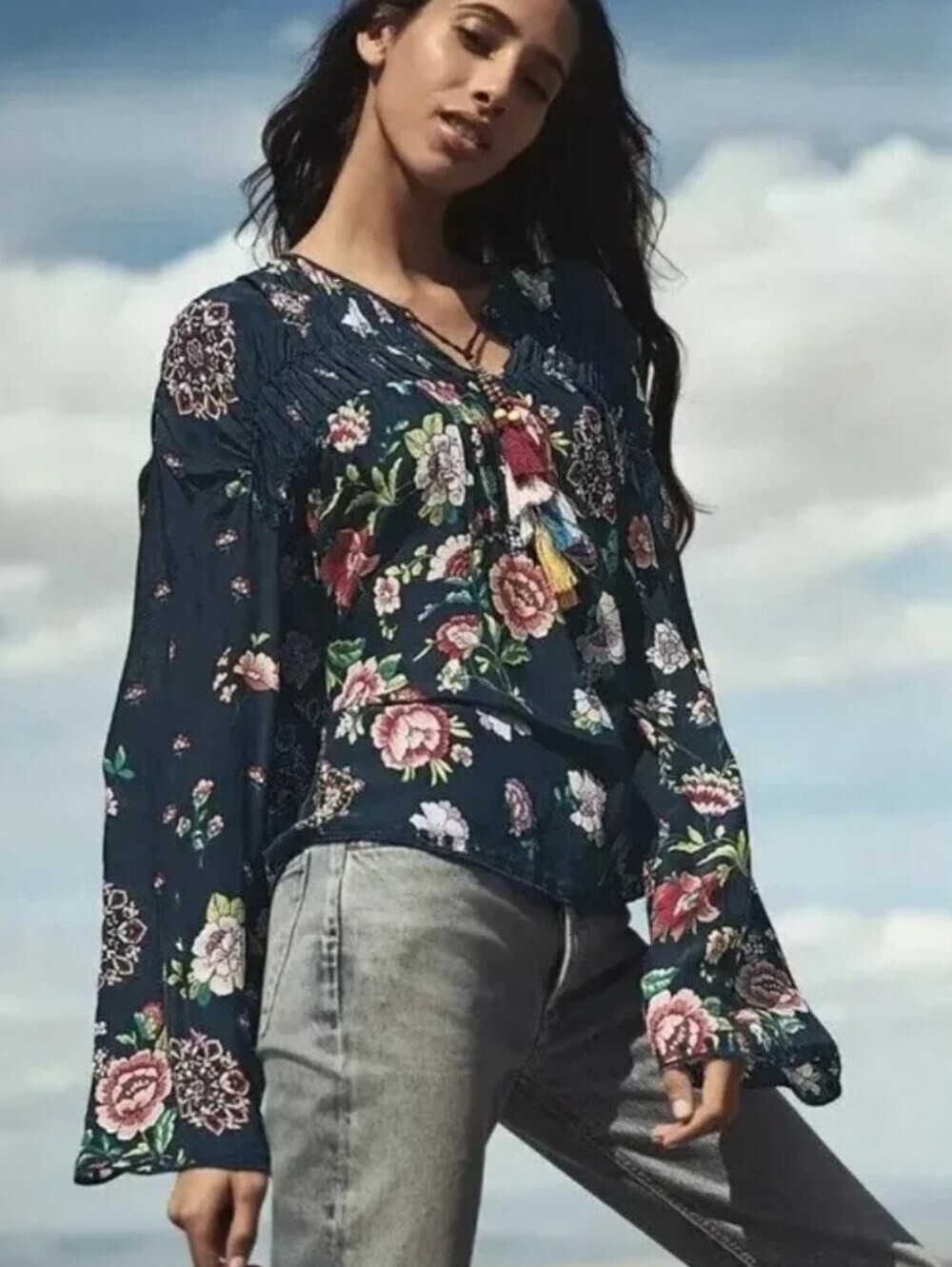 Johnny Was Floral Harley Peasant Blouse Small Peasant Tassels Boho Chic Oversize